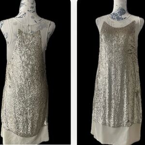 GRYPHON NEW YORK | S | Champagne Gold Sequin Sheer Illusion Shift Dress